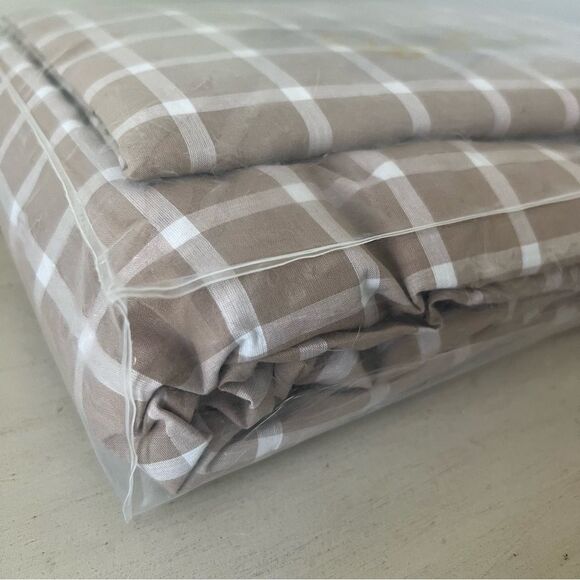 Bundle Windowpane King Fitted Sheet Pillowcases, Company Store Yard-Dyed Taupe - Picture 8 of 9